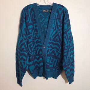 Vintage Nuovo button front teal aztec grandpa biggie cardigan sweater mens sz XL